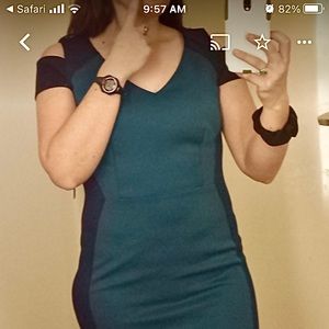 New York & Co Flattering Color Block cold shoulder Dress